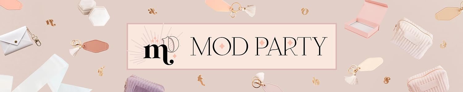 Modparty product range including keychains, pouches, jewelry and gift packaging